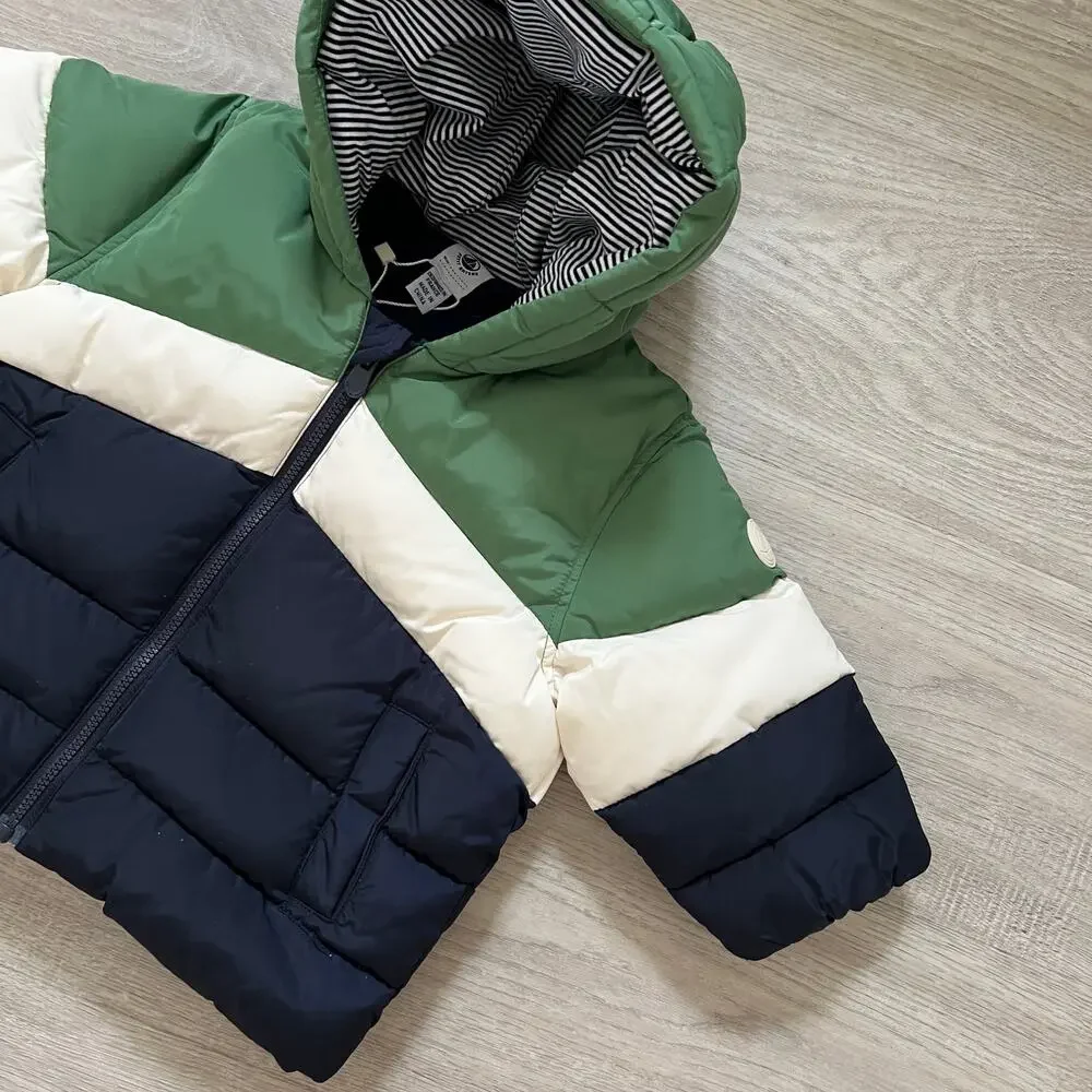 Petit Bateau Boys Puffer Jacket Baby 12M Green Navy Colorblock Hooded Fleece New